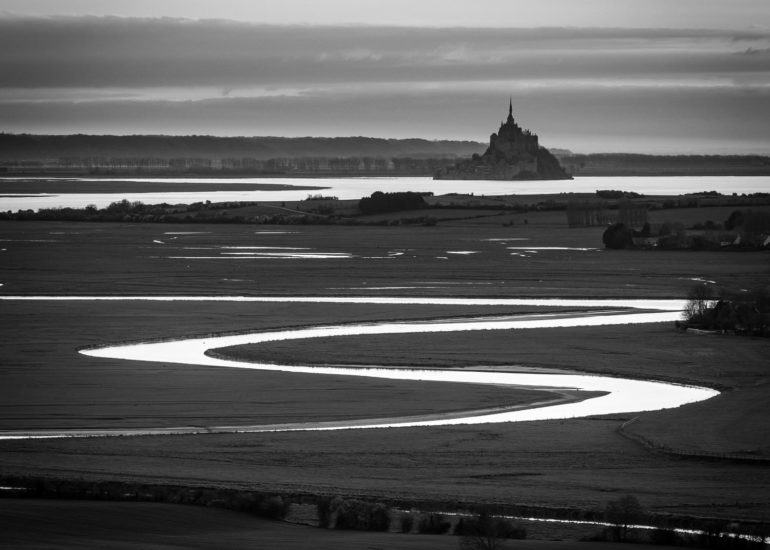 Mont-Saint-Michel from the bridge with fog