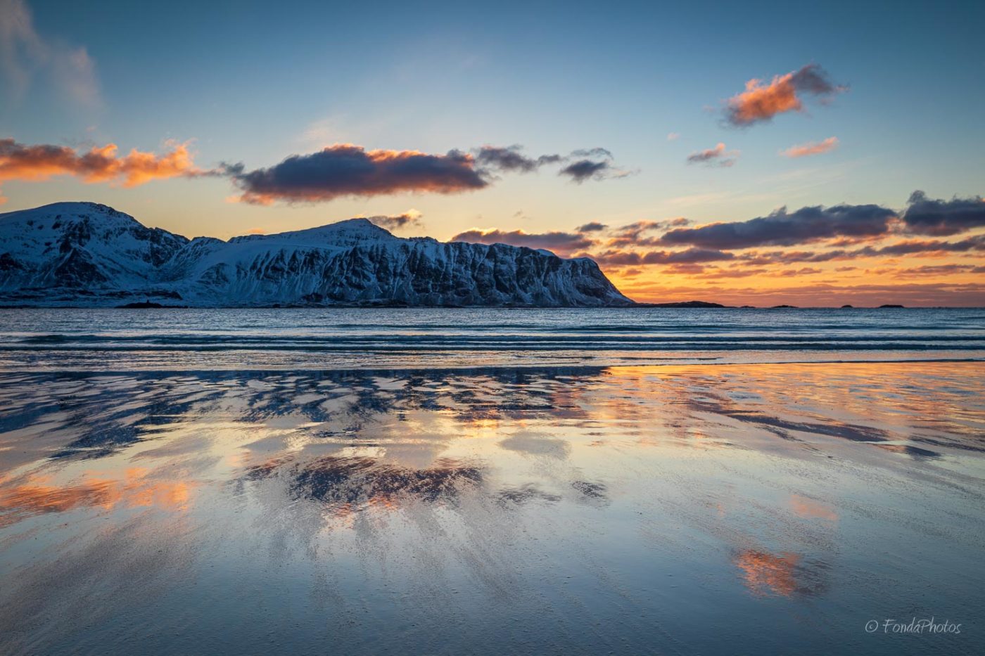 Ramberg beach, sunset reflection