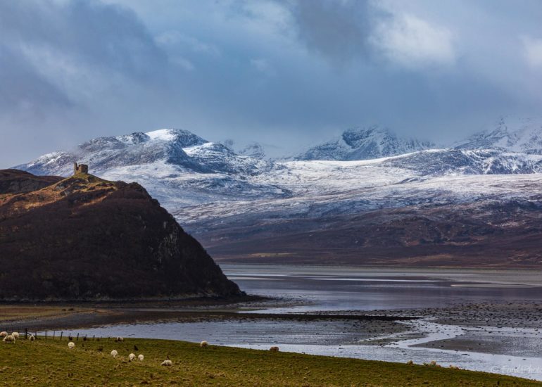 Kyle of Tongue and Castle Varich in Winter