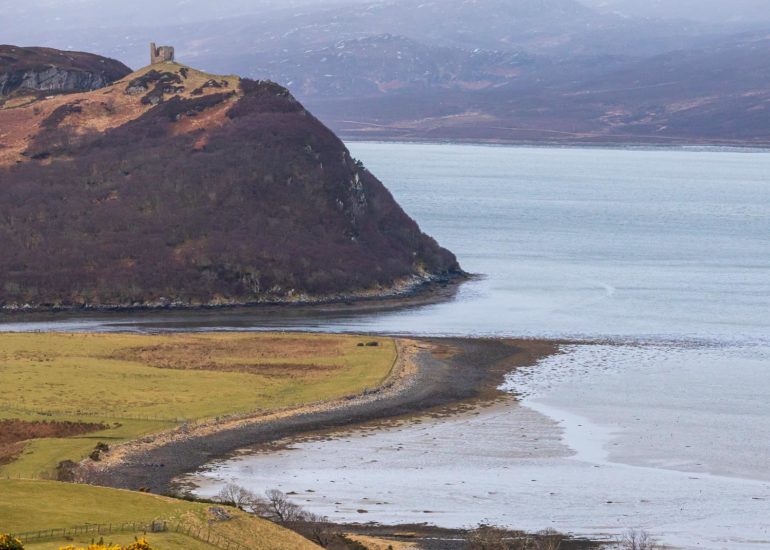 Kyle of Tongue and Castle Varich in Winter